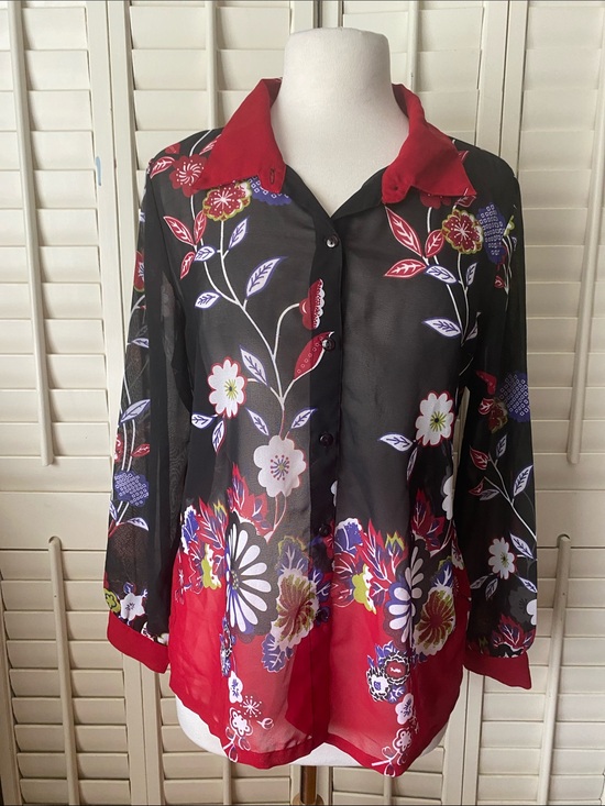 la cera Tops - Sheer Floral Button-Front Blouse with Red Trim